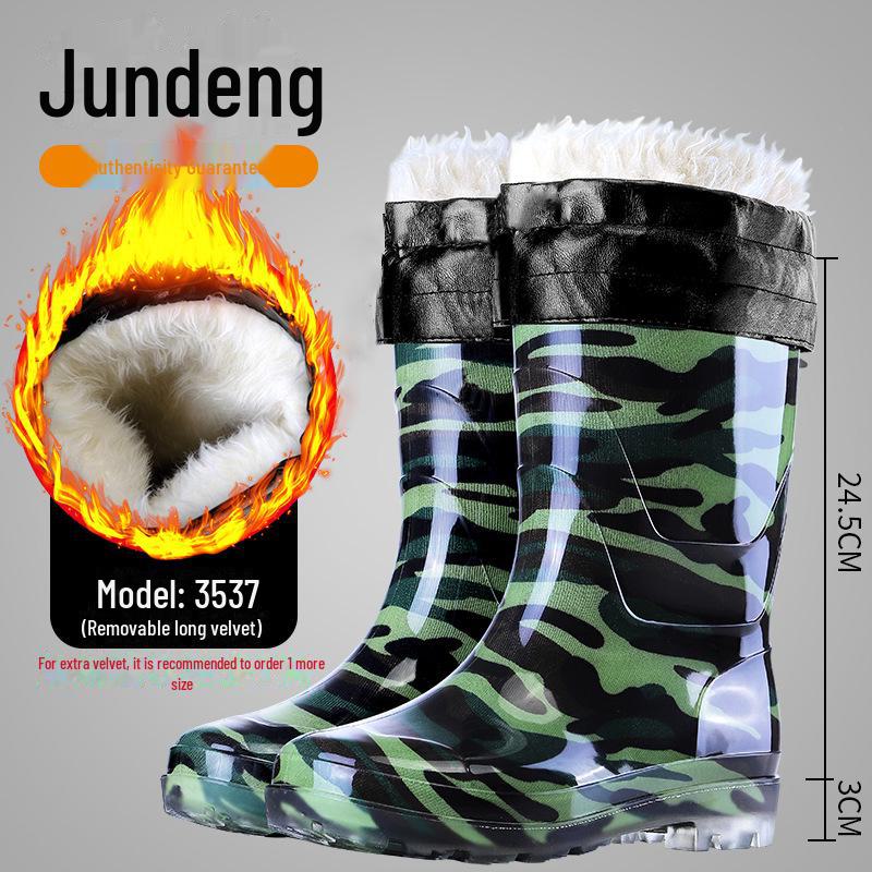 Men's Camouflage Waterproof Rain Boots with Velvet Lining - High/Mid/Short-Top Rubber Shoes for Construction, Kitchen, and Fishing