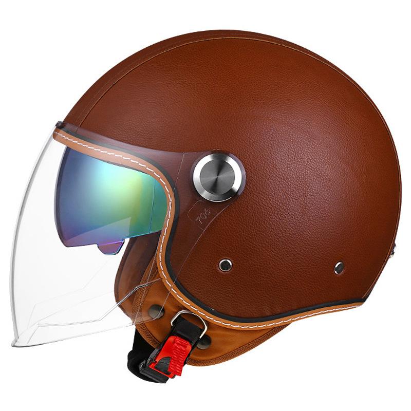 Double Striation Double Visor Leather Jet Helmets Daul Lens DOT Retro Open Face Motorcycle Helmets Double Visor Racing Helmet
