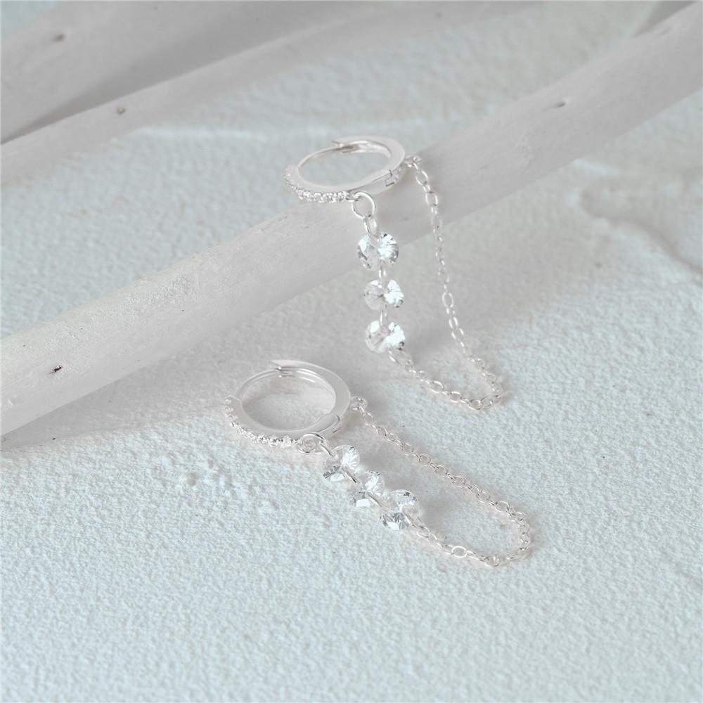 925 Sterlingsilber Drei Zirkonia Tropfen Lange Kette Gold Creolen Schnalle Piercing Ohrringe Für Frauen Lässiger Schmuck Party Geschenk