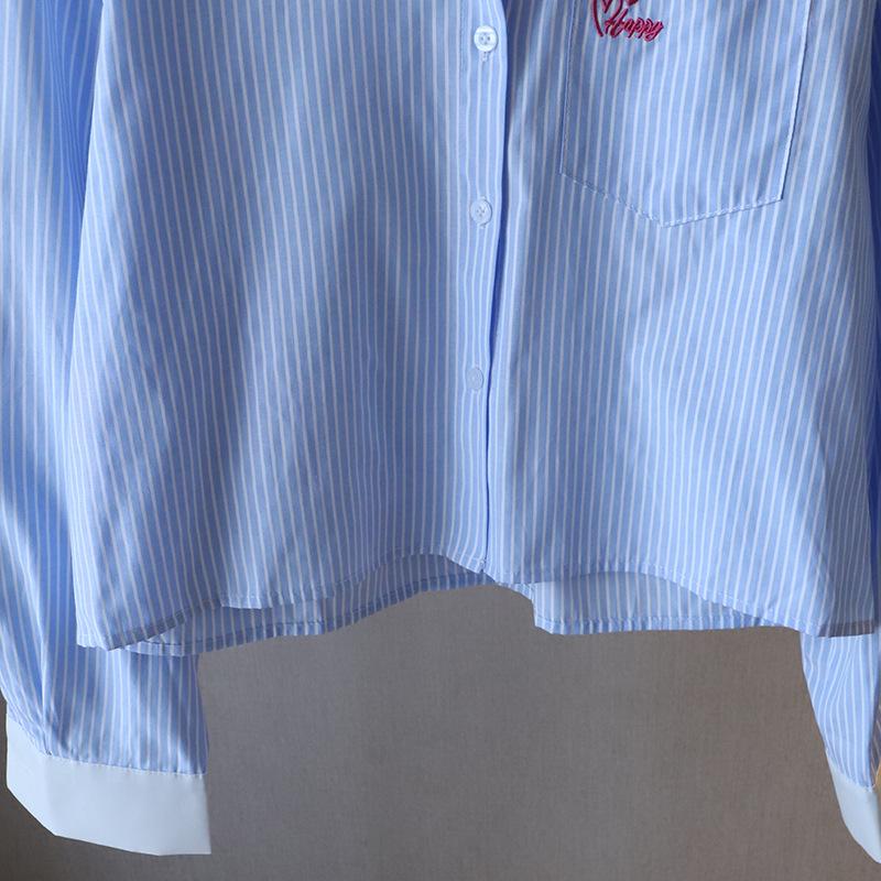 Korean Style Striped Embroidered Loose Long-Sleeve Women's Shirt - Hot Spring 2025 Trend