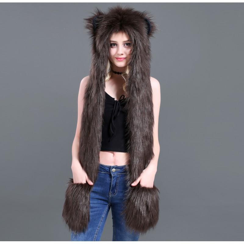 Fellimitat Mütze mit Schal und Handschuhen Set - Niedliches Plüschtier-Motiv Winter Warme Kopfbedeckung Damen Teens