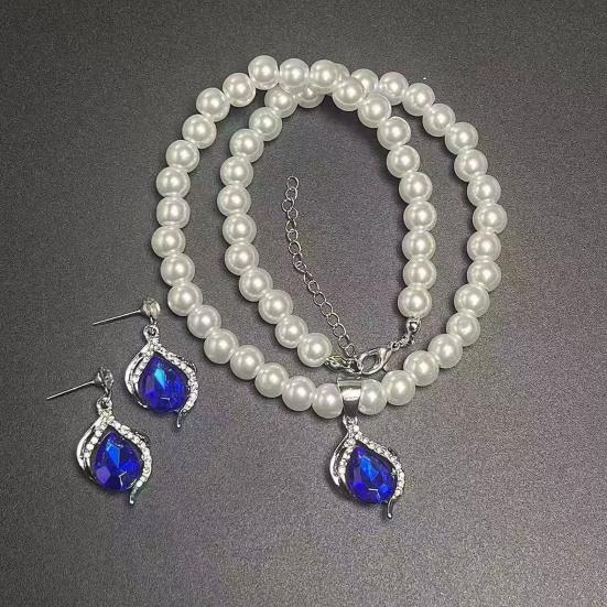 2Pcs/Set Imitation Pearl Jewelry Set Retro French Style Blue Waterdrop Faux Gem Charm Necklace Earrings Set