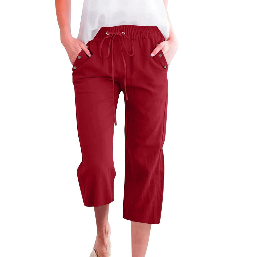 Women's Summer Elastic Lace-up Color Button Decoration Cotton And Linen Loose Cropped Pants