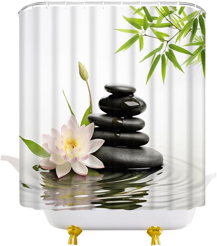 Japanese Shower Curtain Zen Stone Spa Lotus Floral Bamboo Leaves Relaxing Aesthetic Minimalist Fabric Bathroom Decor Curtains