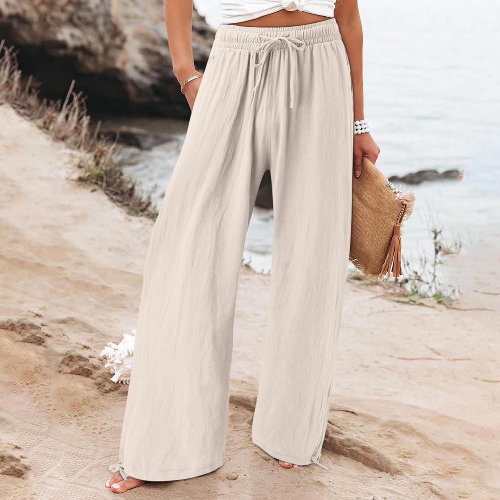 Bohemian Solid Color Drawstring Beach Pants - New Loose Casual Trousers