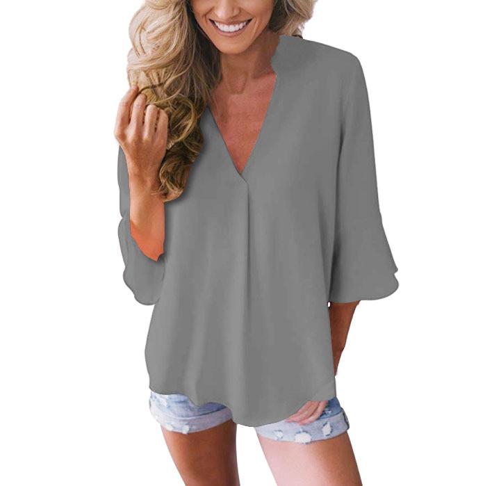 Womens Casual Loose Solid V Neck Peplum Sleeve Chiffon Blouse Tops XXL