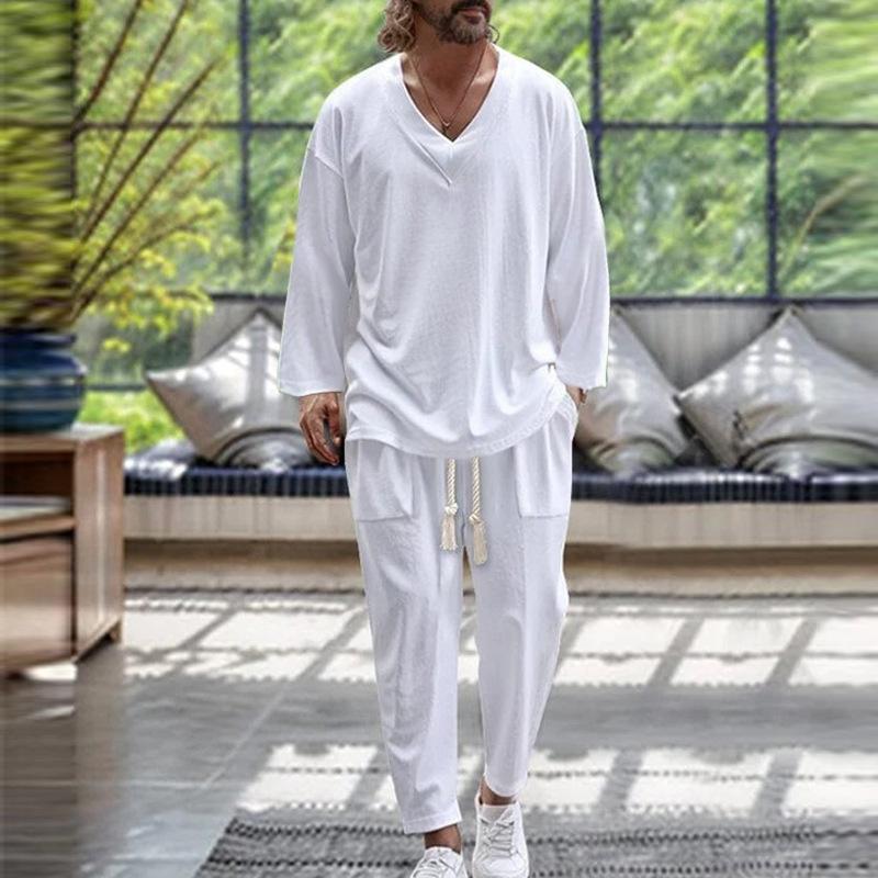 Spring Trend Men's Fashion V-neck Shirt Casual Comfortable Loose High-end Long Sleeve Pants Solid Color Beach Suit