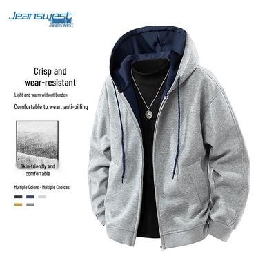 JEANSWEST Men's Autumn/Winter Heavyweight Cotton Blend Hooded Cardigan Sweatshirt