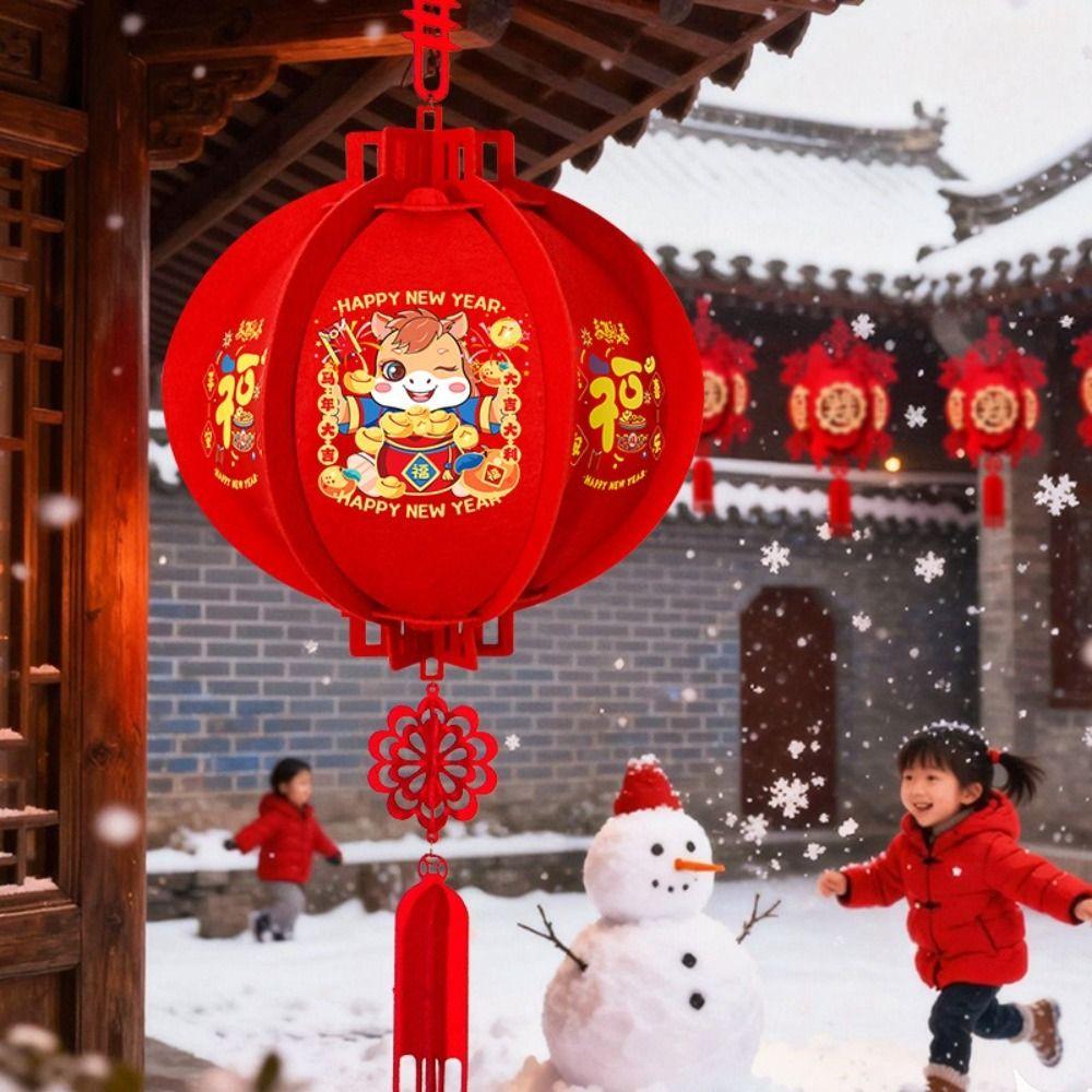 Flocking Cloth Chinese Lantern With Tassel Red Color New Year Decoration 3D Puzzle Waterproof Palace Lantern Hanging Ornament