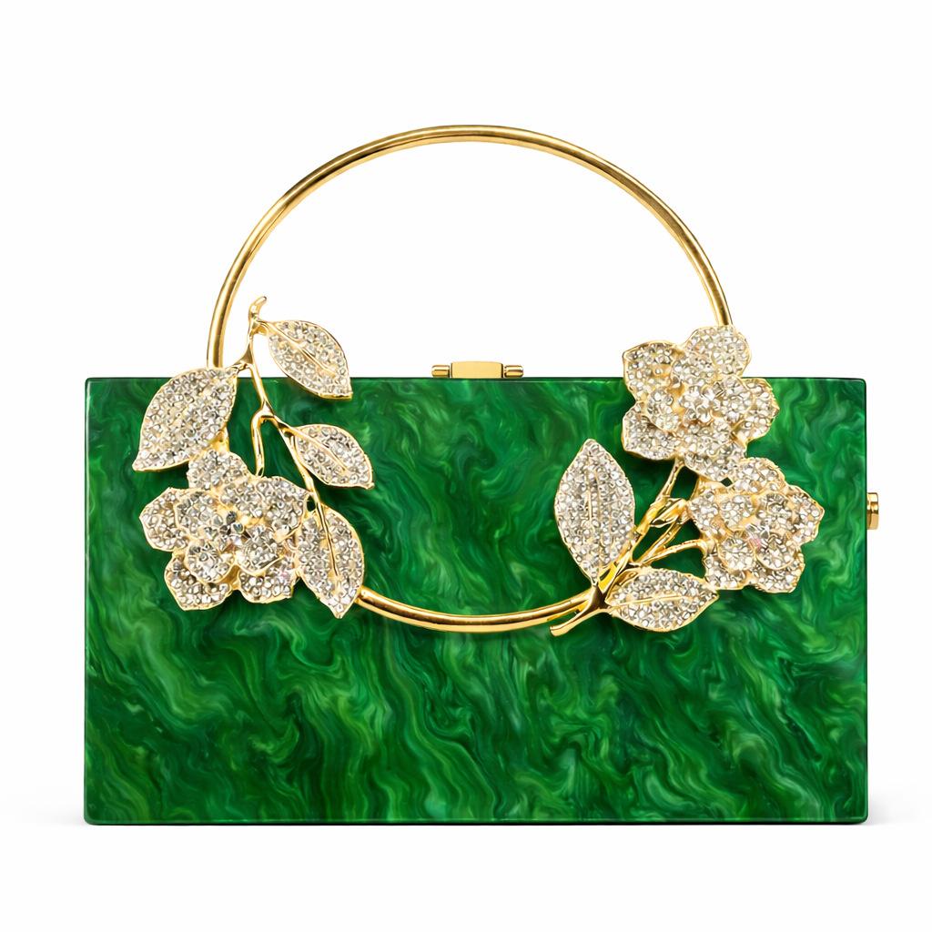 

Ladies Flower Acrylic Dinner Bag Shoulder Oblique Span Wedding Banquet Clutch Bag Chain Bag зелений
