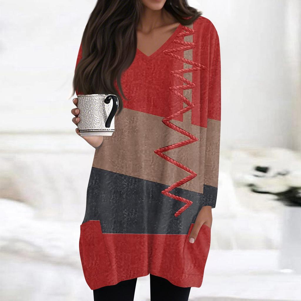 Womens Tops V-neck Long Sleeve Blouses Casual Mid-length Shirts Fashion Print Tunic Tops With Pockets
