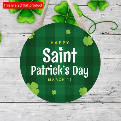 2D plat 20*20cm1pc 17 mars Saint Patrick Rayure verte Dessin animé trèfle à quatre feuilles Rond Pendentif décoratif de porte Suspendu Bienvenue fête Panneau en bois Joyeux
