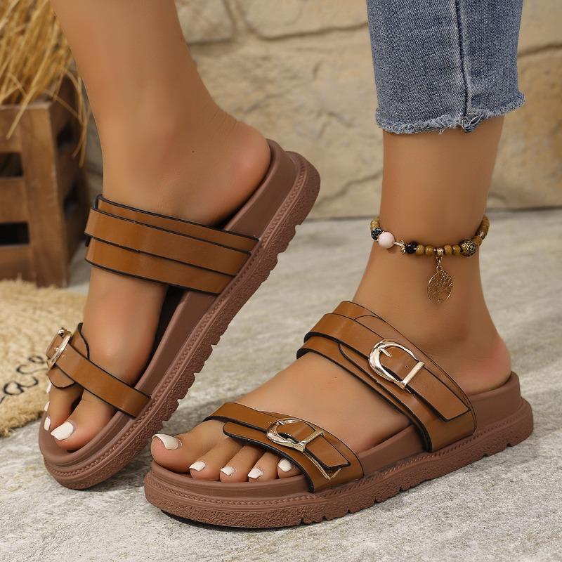 Women's Wide Width Single Strap Sandals, Roman Style Flat Slides, Fashion Outdoor Slippers for Women