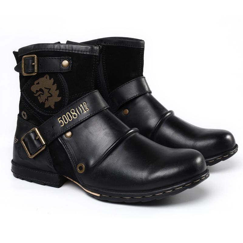 Moda Le Quattro Stagioni Moda Scarpe da Uomo Stivali Pelle Vintage Motociclista Stivali Maschili Equitazione Retro Stile Metallo Cerniere Scarpe da Uomo