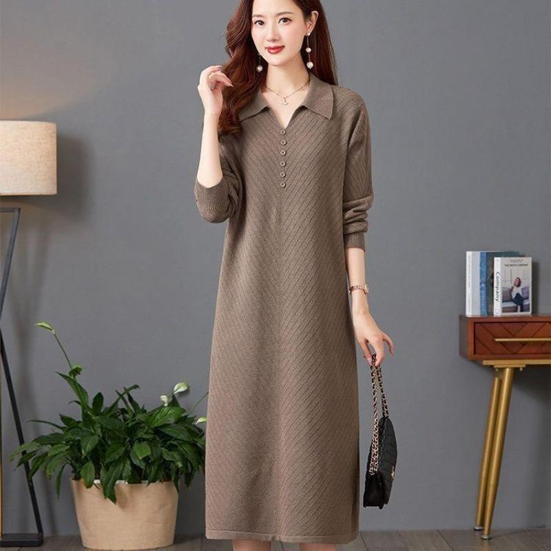 PO neck sweater skirt women's large size dress lapel autumn and winter knee medium and long new loose jacquard bottoming skirt