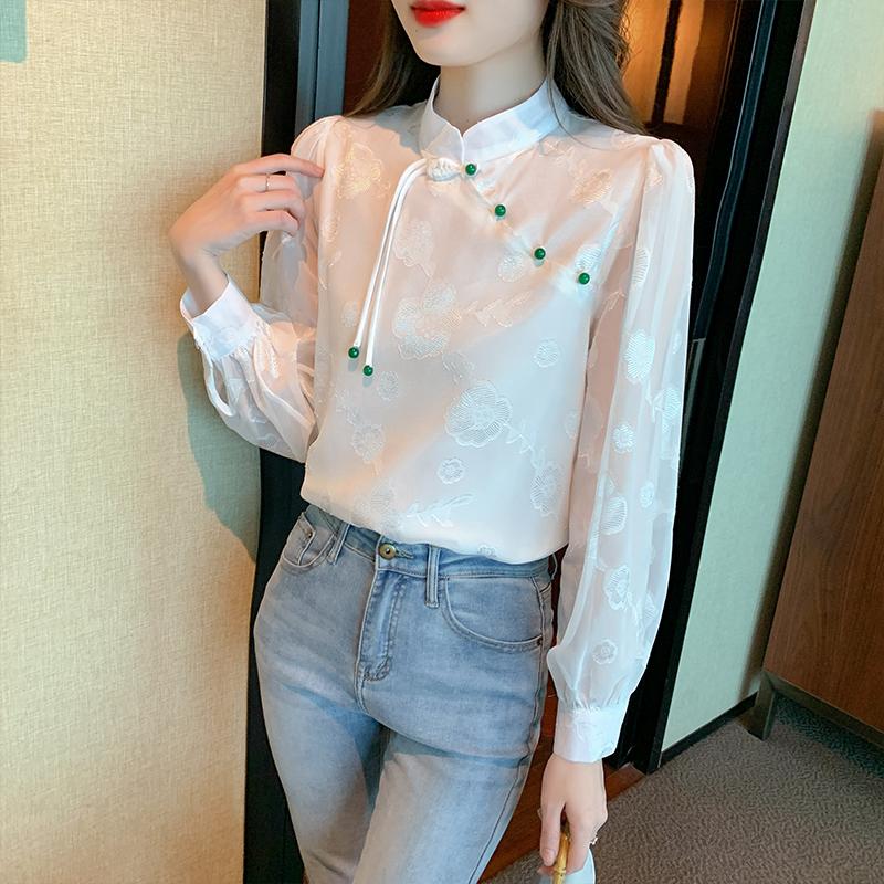 2025 Spring New Chinese Style Women Blouses Shirts Long Sleeve Stand Collar Black White Chiffon Blouse Shirt Women Tops J771