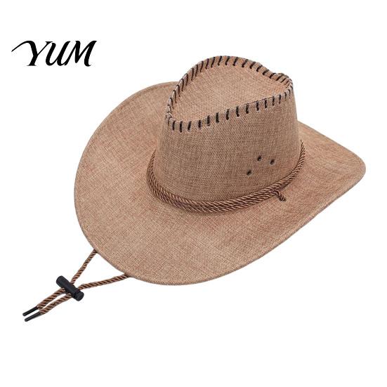 Outdoor UV Protection Hat Western Cowboy with Windbreak Rope for Men, Wide Brim Linen Sun Foldable Travel Travel, Halloween Cosplay Costume,