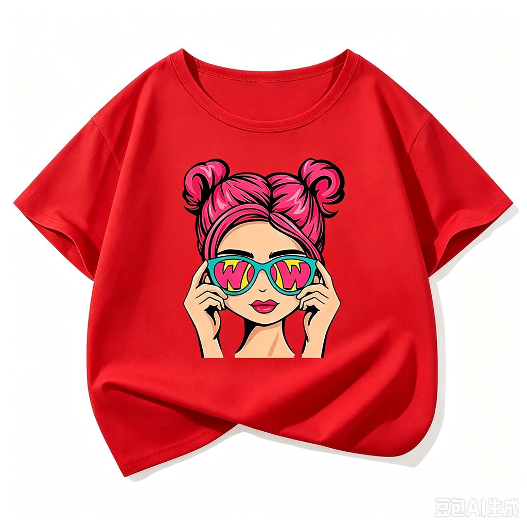 2026 New Girl Pattern Pure Cotton Printed Children's T‑shirt Personalized Round Neck Summer Kids T‑shirt