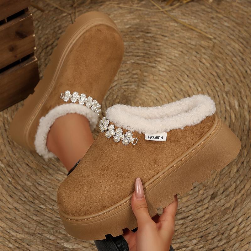 Fashion Pearls Decor Cotton Platform Slippers Women Autumn Winter Plush Warm Cotton Shoes Woman Plus Size Anti Slip Snow Boots Female