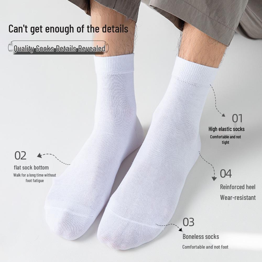 Men's Pure Cotton Antibacterial Mid-Calf Socks - Black, Breathable, Sweat-Absorbent for All Seasons
