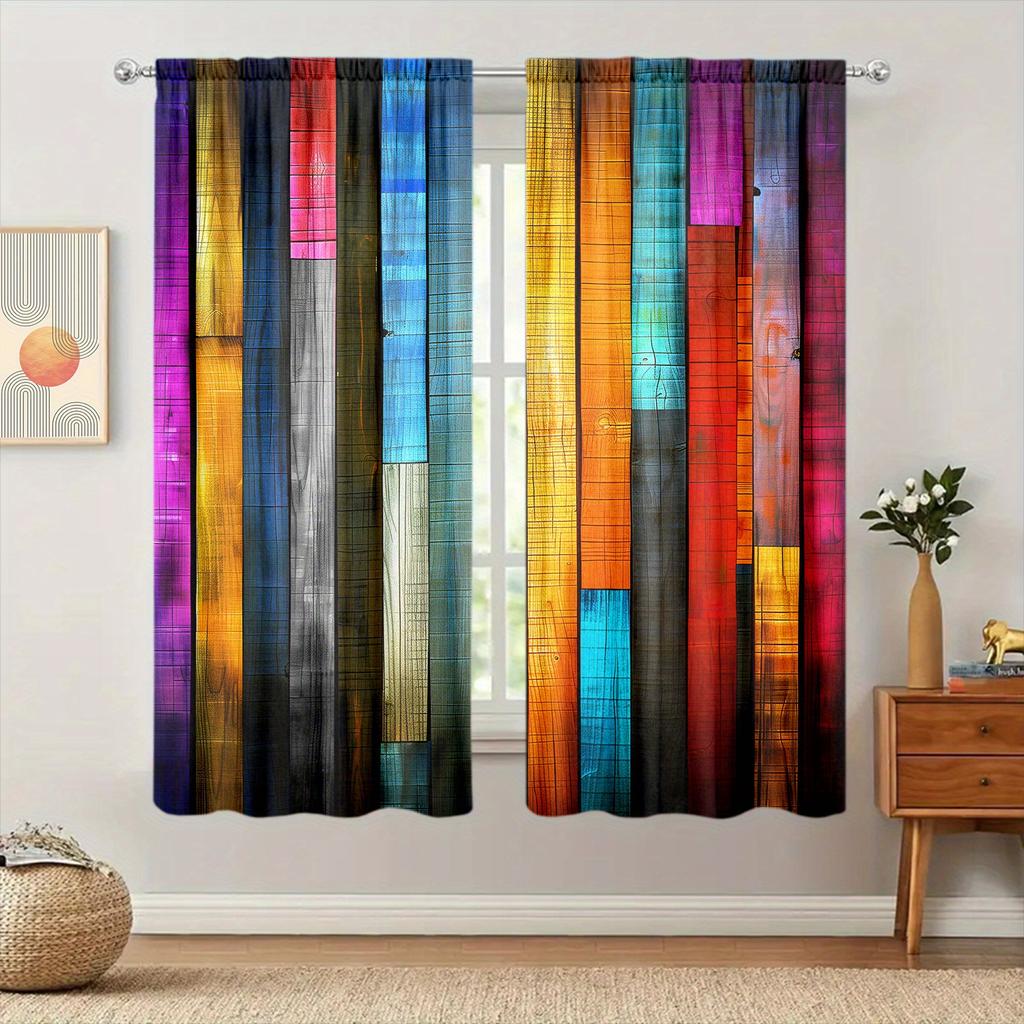 2 st Färgglada Träpanelskarvade Tryckta Gardiner för Heminredning - Stångficka Fönsterbehandling för Sovrum, Kontor, Kök