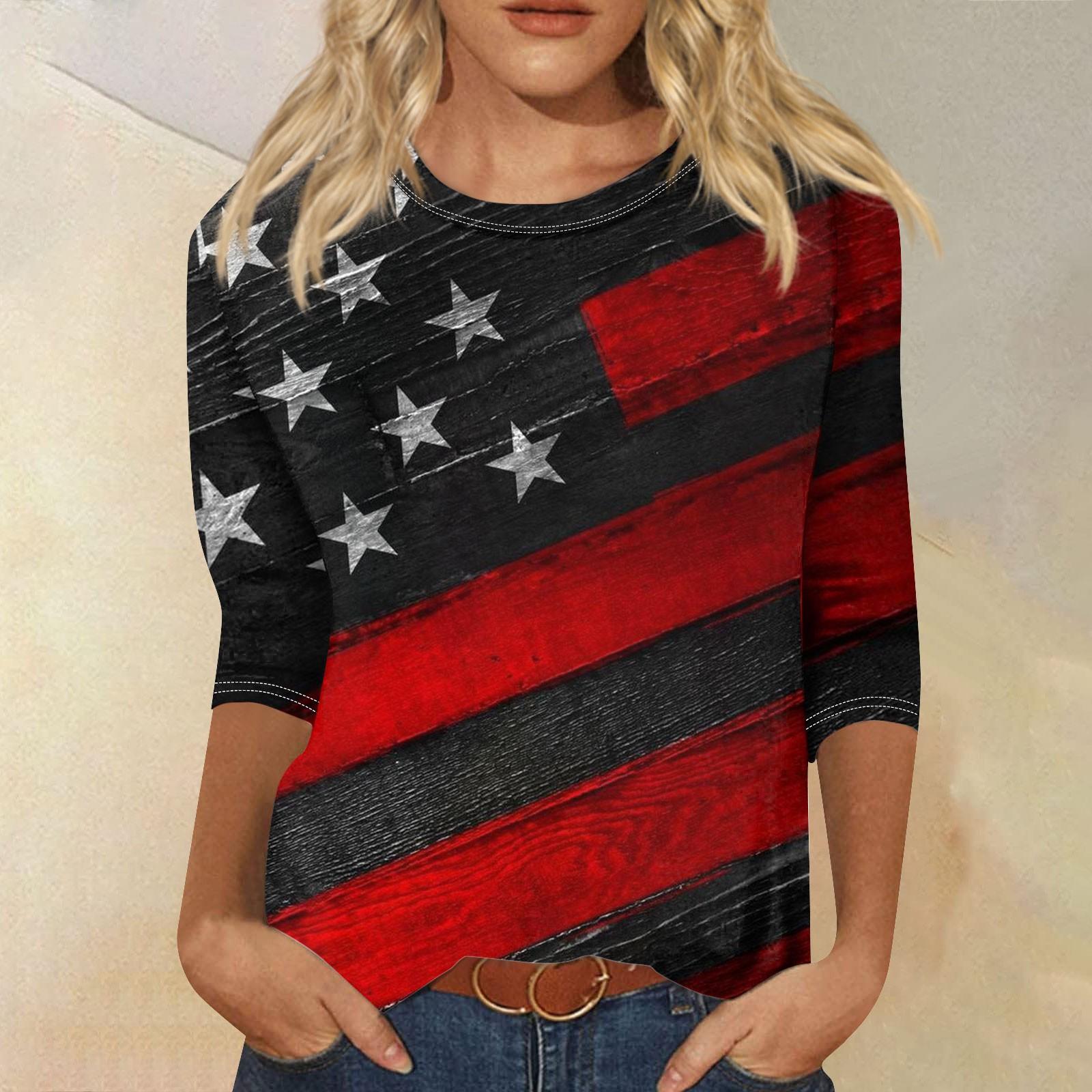 

Женский модный повседневный топ с круглым вырезом и принтом в стиле ретро с семью рукавами в стиле ретро ко Дню независимости XL винный