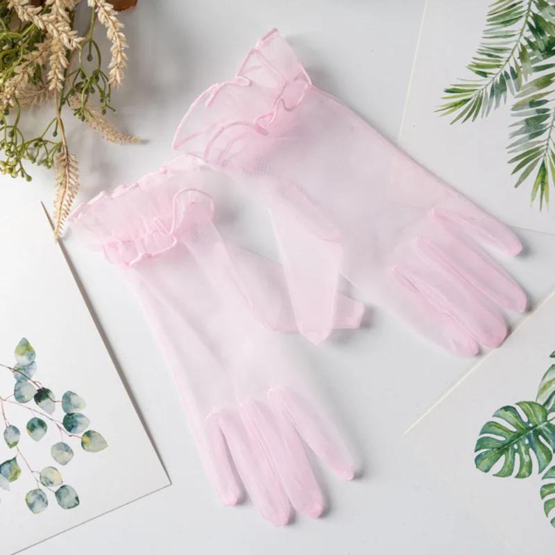 Fashion Ultra Thin Transparent Gauze Lace Full Finger Gloves Short Tulle Women Wedding Mesh Elastic Wrist Black