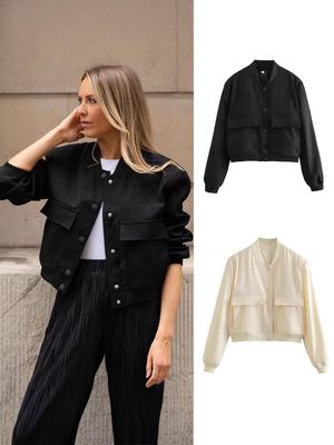 Women's Stand-Up Collar Jacket with Large Pockets - 2 Colors, Spring & Autumn Collection