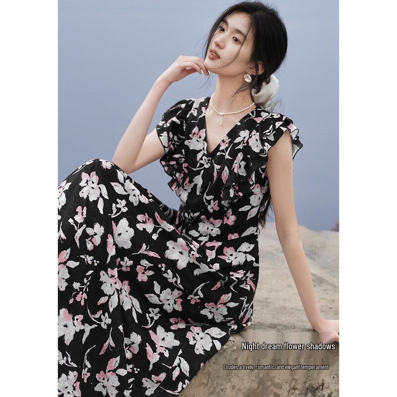 XWI Ruffle V-Neck Tie-Waist Summer Tea Dress L