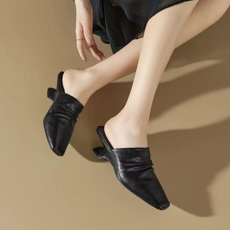 French Square-toe Pleated Women s Outer Slippers Spring and Summer New Shallow Mouth Wrapped Head Half Drag 35