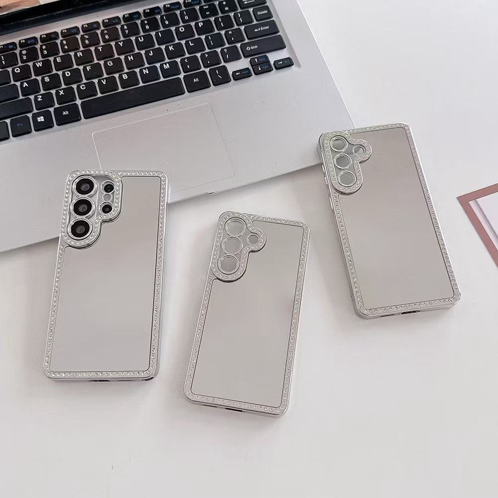 Luxury Electroplating Makeup Mirror Case For iPhone 17 16 15 14 18 Pro Max Samsung Galaxy S26 S25 S24 S23 Glitter Diamond Border Protection Back