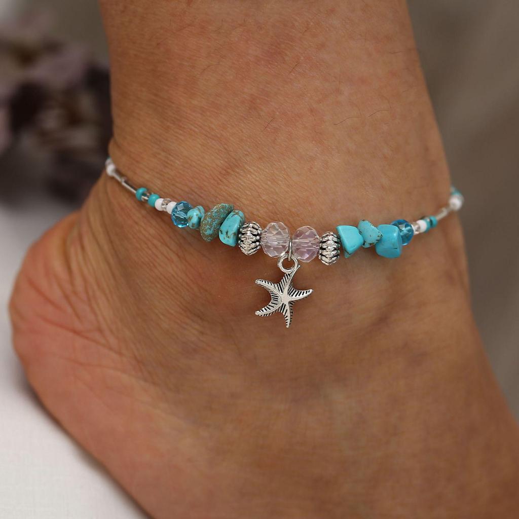 F506 Han Zhi Shang European/American Beach Anklet: Starfish Pendant with Vintage Rice Beads