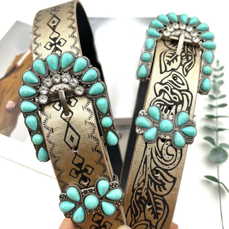 Elegant Western PU Belt Embossed Pattern Waistband Jeans Waiststrap Waist Decors Women Turquoises Buckle Waist Belt