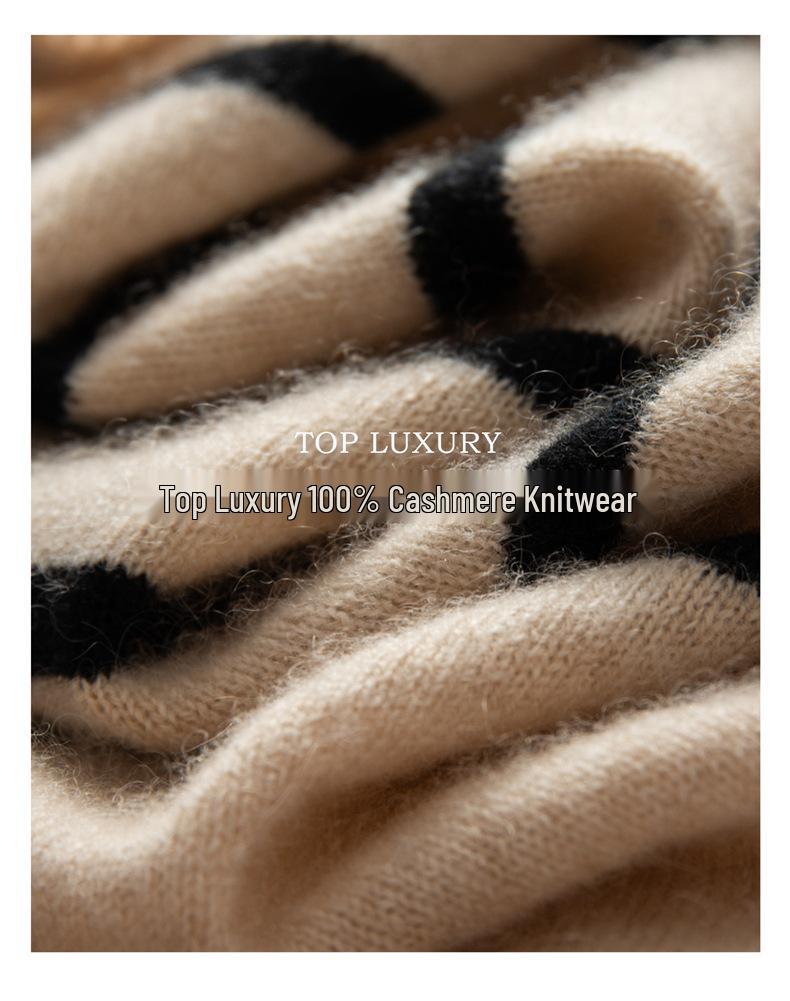 Women's 100% Pure Cashmere Striped Cardigan with Pockets and Buttons, Round Neck Sweater Outerwear