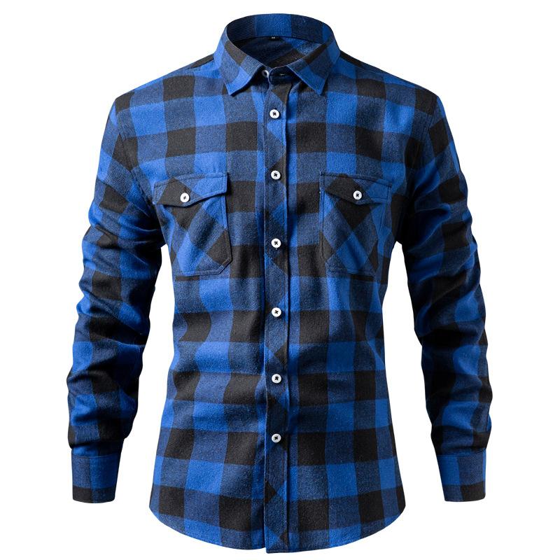 Mens Long Sleeve Plaid Shirt Turn Down Collar Chest Pocket Multiple Colors Checkered