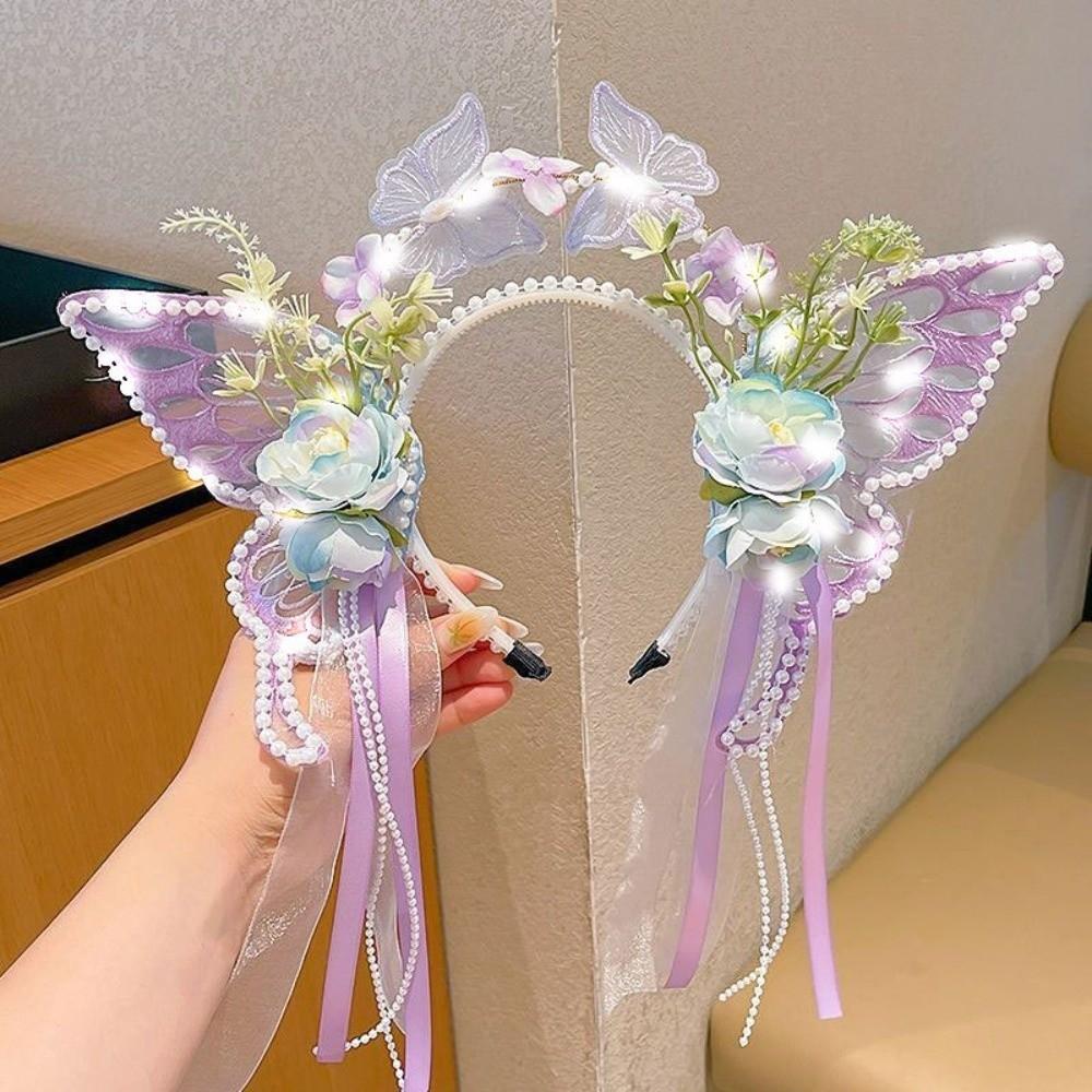 Silk Ribbon Butterfly Flowers Hairband Pearl Beads Decorative Headwear Floral Headwear  Women Wear