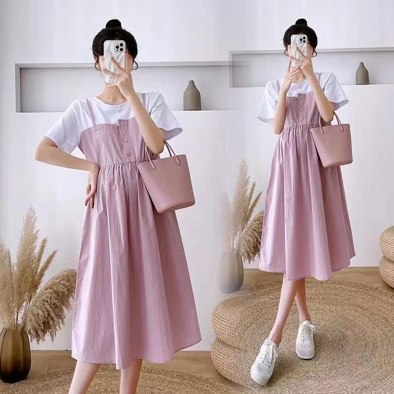 Maternity Clothing New Summer Clothing Large Size Thin Medium and Long Skirt Pregnant Mother Splicing Fake Two Pieces Loose Belly Cover Dress