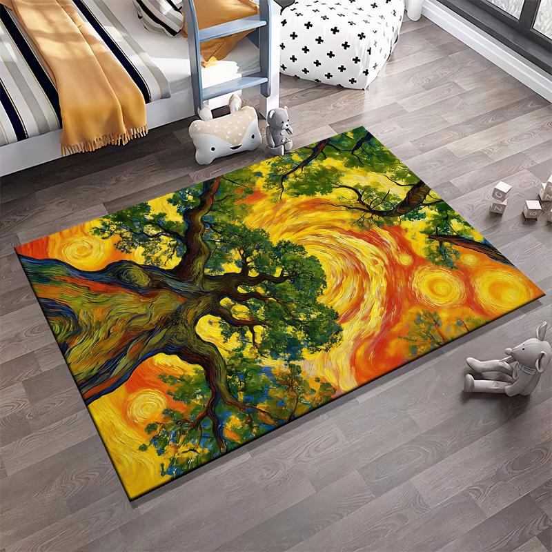 Colorful Artistic Tree Design Carpet with Swirling Sunlit Background Suitable for use as an anti-slip for living room bedroom sofas
