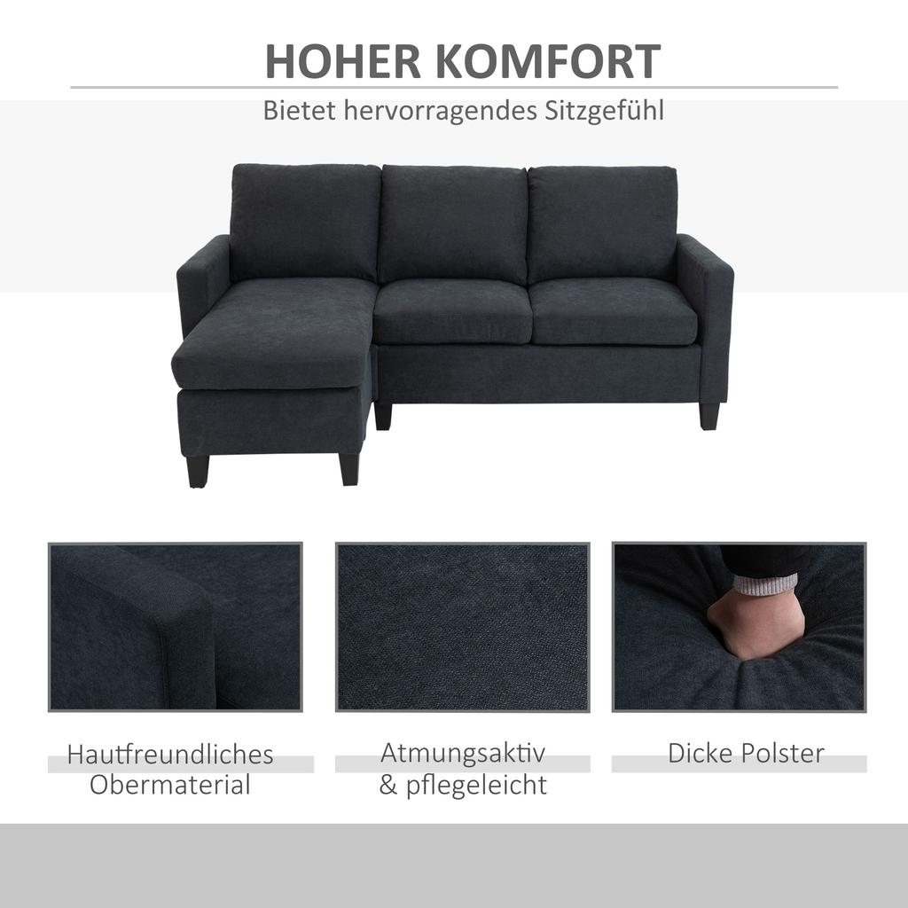 Corner Sofa, Sofa Set, with Reversible Chaise Longue, 197 X 139 X 91cm, Dark Grey