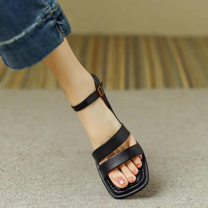 

Мода 2025 Лето Женские сандалии-гладиаторы Мода Открытый носок Узкий ремешок Низкий каблук Римские Уличные Пляжные Отпускные Сандалии 35 чёрный
