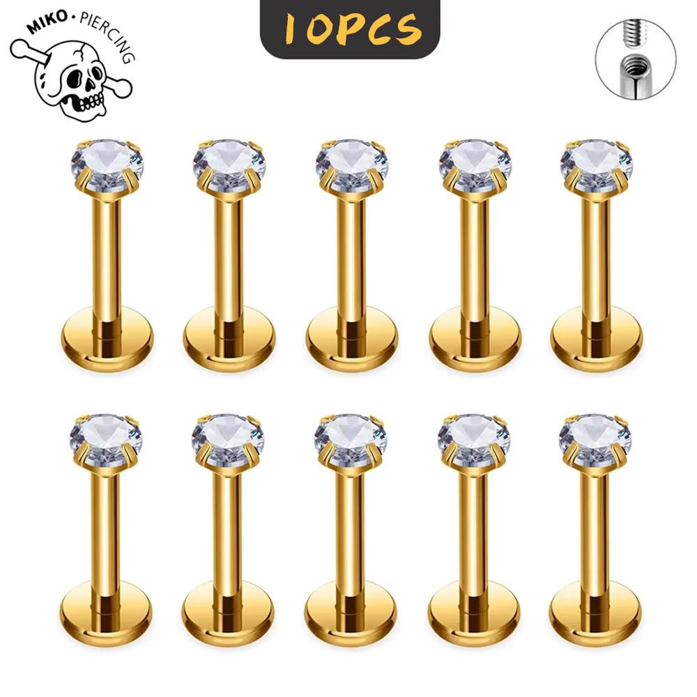 10Pc ASTM F136 G23 Titanium Labret Ear Lip Stud Jewelry CZ Stone Cartilage Tragus Earring Tongue Studs Threaded Body Jewelry