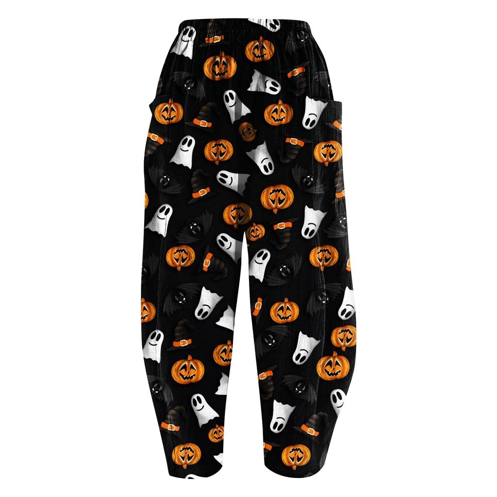 Damenmode Elastischer Bund Locker Halloween-Druck Home Casual Gerade Bein Hose mit Taschen