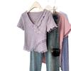 Purple fungus edge V-neck short-sleeved T-shirt women's summer new design lace splicing slim-fitting short versatile top
