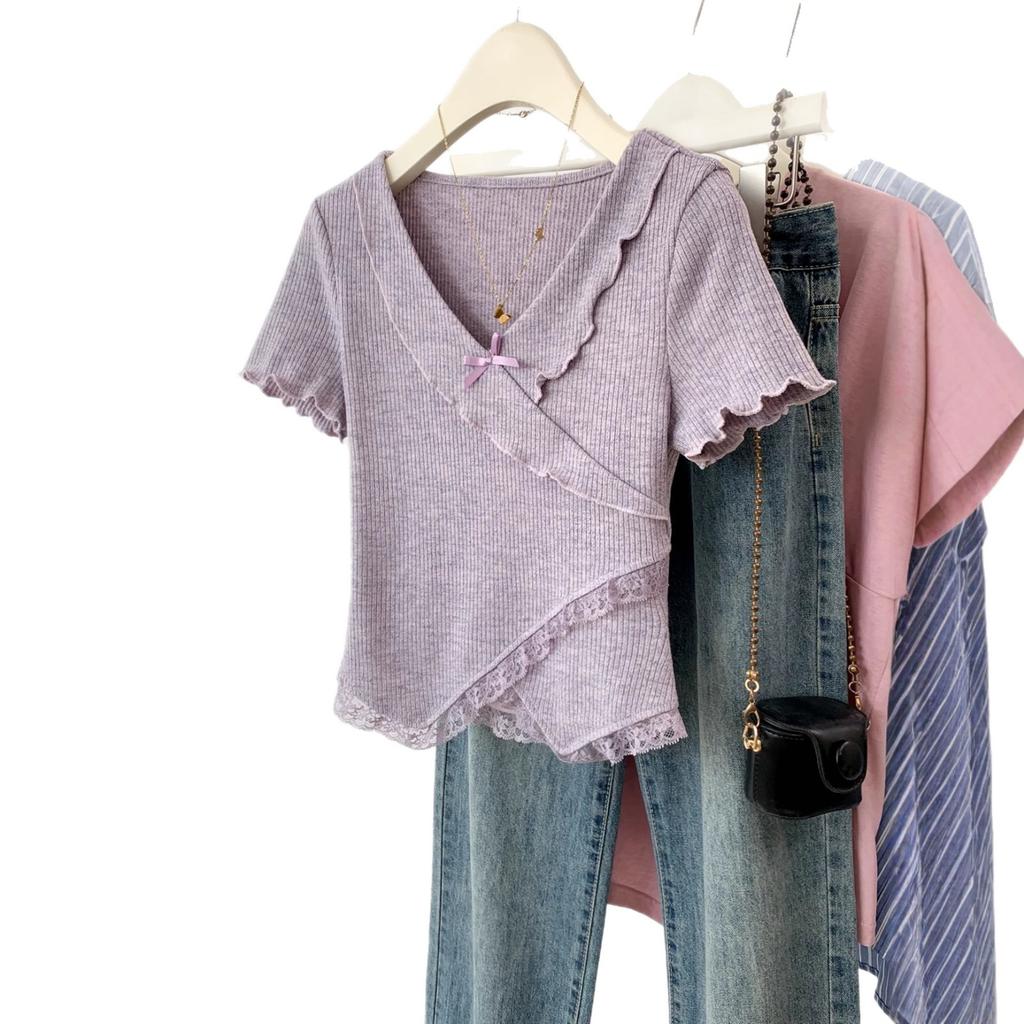 Purple fungus edge V-neck short-sleeved T-shirt women's summer new design lace splicing slim-fitting short versatile top