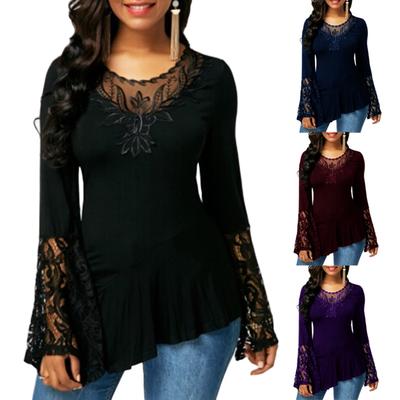 Casual Women Autumn O Neck Long Sleeve Lace Stitching Irregular Hem T-shirt