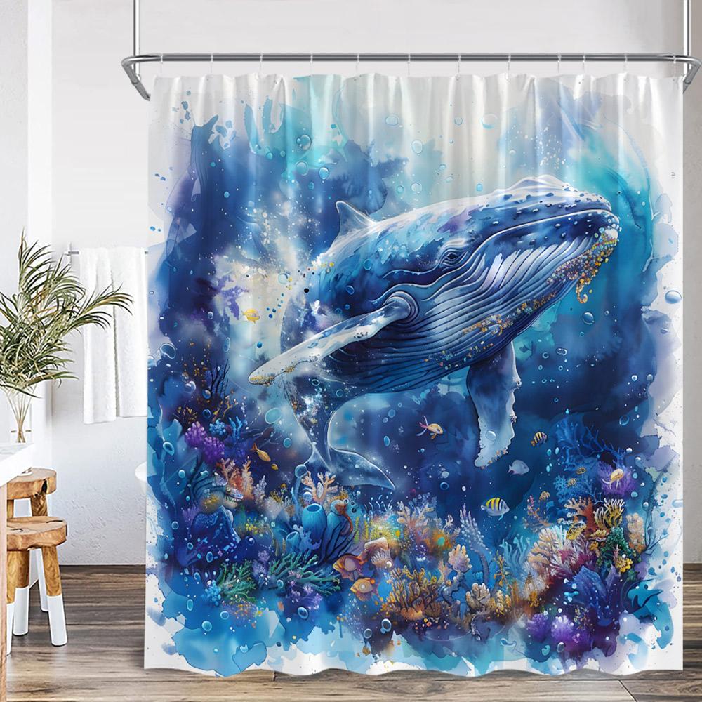 Ocean Animal Shower Curtain Blue Whale Dolphin Seahorse Marine Life Nature Bathroom Decor Sea Poltester Bath Curtain with Hook