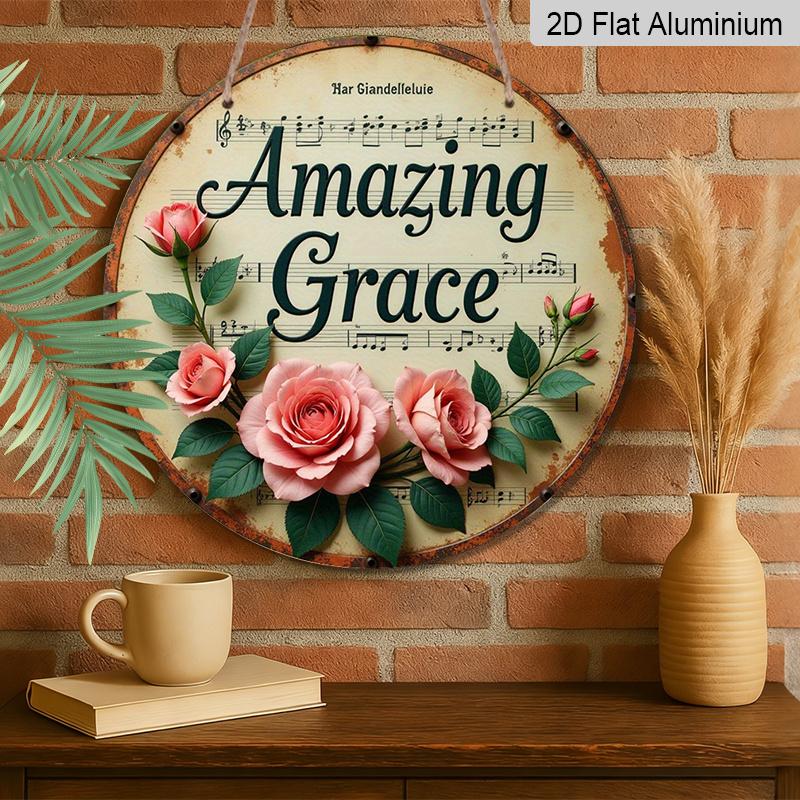 2D Flach, 1 Stück Rundes Aluminium-Hängeschild, „Amazing Grace“ Notenblatt & Rosa Rosen Design, Vintage Christliches Hymnen Metallschild, Perfekt für