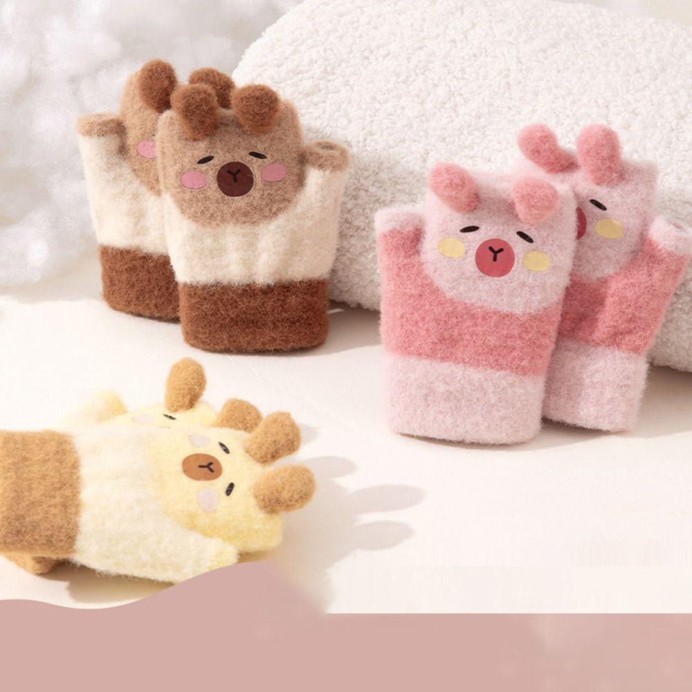 0-3 Years Old Capybara Winter Flip Gloves Thickened Kids Knitted Mitten Half Finger Gloves  School