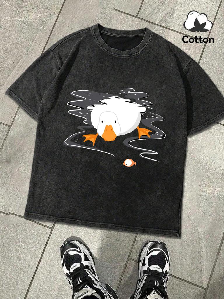 A Goose Free In The Water Design Snow Wash Men Tee Summer Retro T Shirt Soft Fashion Washed Clothing Unisex Cotton ONeck Tops