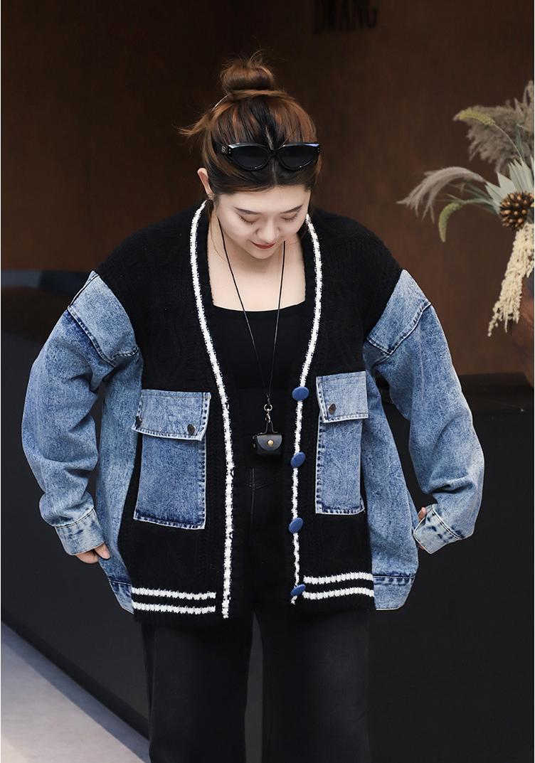 Plus Size Women s Denim Patchwork Cardigan - Autumn/Winter Slimming Sweater Knitwear One Size (suitable for 120-300 jin) чёрный